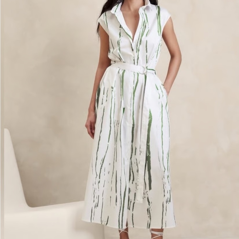 Banana Republic Green Print Poplin Midi Shirt Dress Size XS/S worn once.